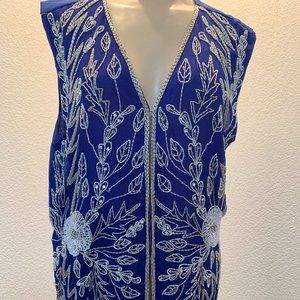 Vintage Gunit beaded silk vest size L royal blue with silver and white beads